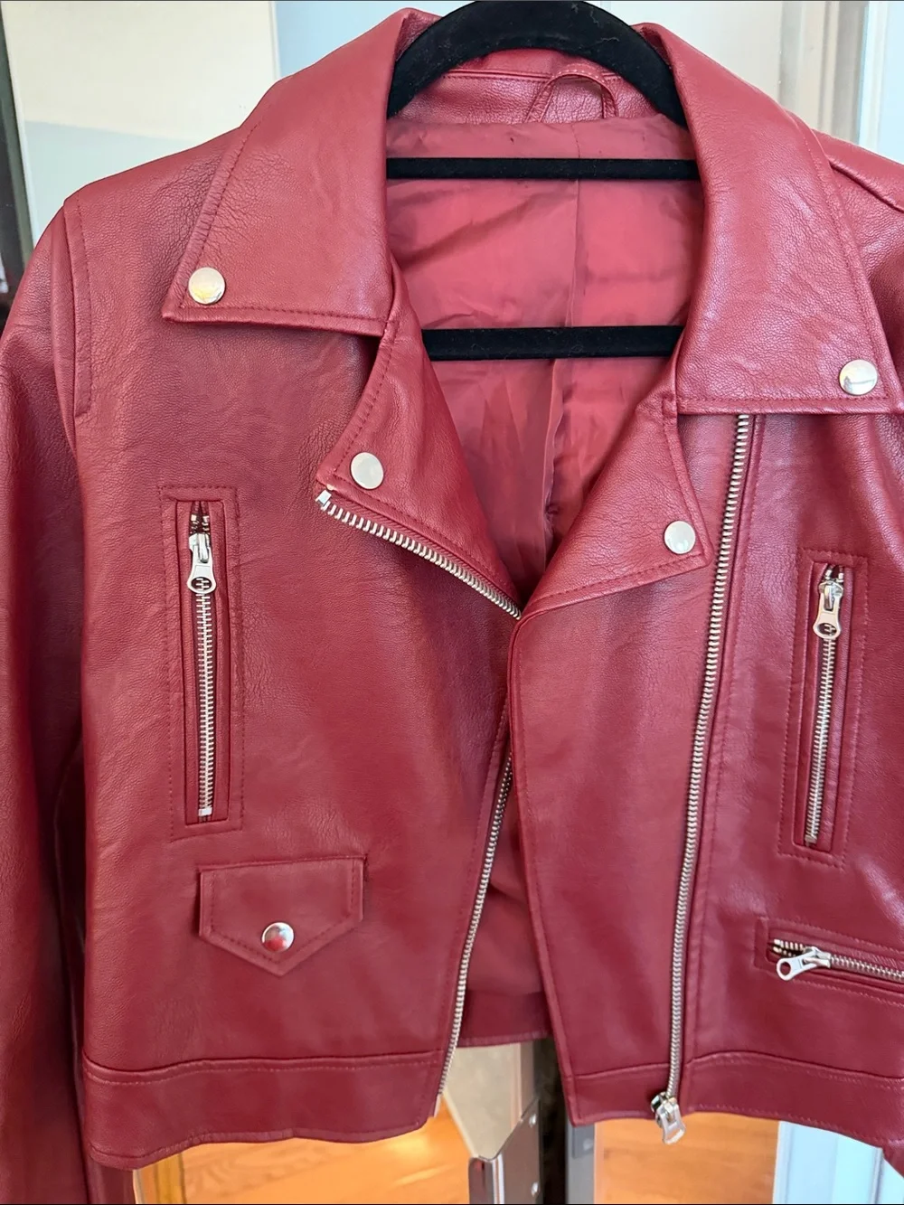 Women’s Red Faux Leather Moto Jacket